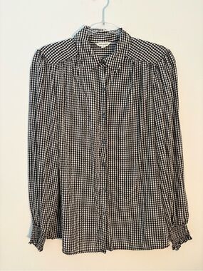 Max Studio Black and White Gingham Button-Down Shirt with smocked cuffs
